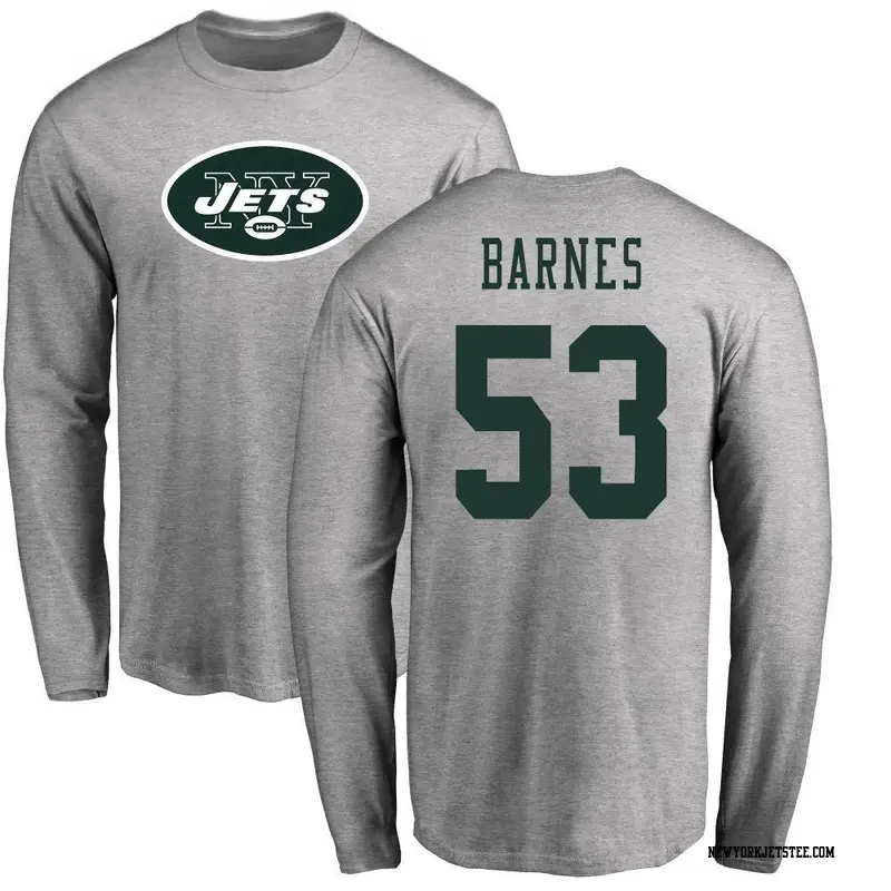 Men's New York Jets ＃53 Zaire Barnes Ash Name & Number Logo Long Sleeve T-Shirt