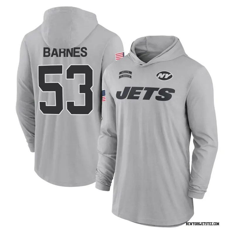 Men's New York Jets ＃53 Zaire Barnes Gray 2024 Salute to Service Lightweight Performance Long Sleeve Hooded T-Shirt