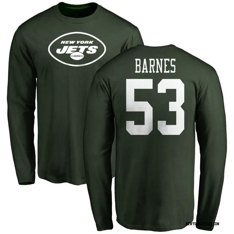 Men's New York Jets ＃53 Zaire Barnes Green Name & Number Logo Long Sleeve T-Shirt