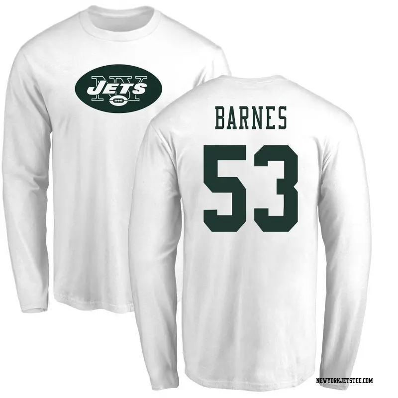 Men's New York Jets ＃53 Zaire Barnes White Name & Number Logo Long Sleeve T-Shirt