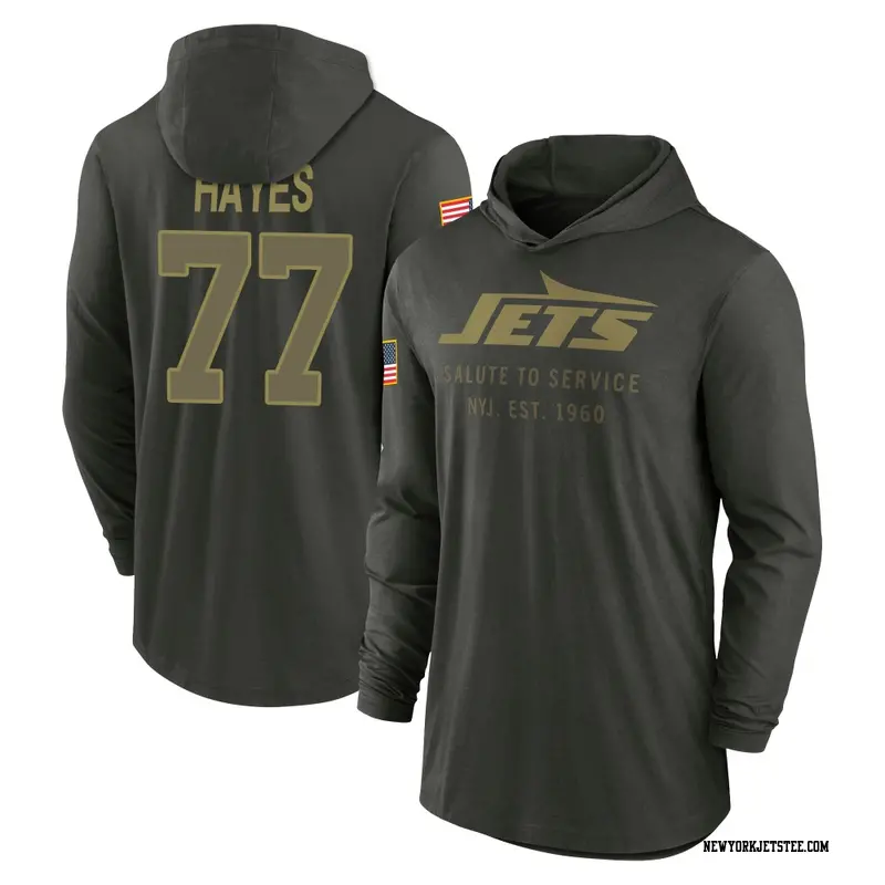 Men's New York Jets ＃77 Marquis Hayes Forest/Green 2025 Salute to Service Sideline Lightweight Hooded Pullover Long Sleeve T-Shi