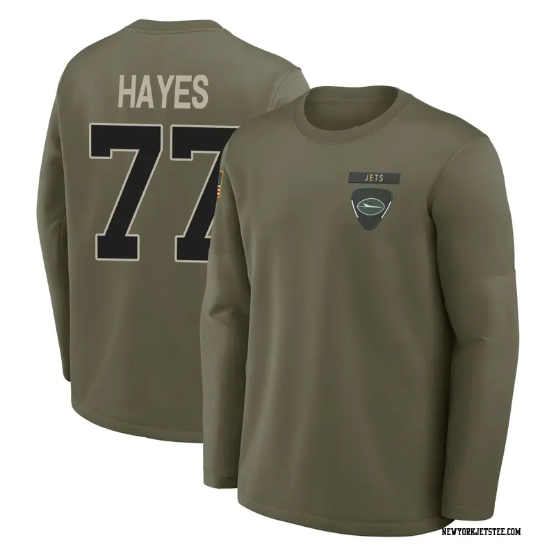 Men's New York Jets ＃77 Marquis Hayes Olive 2025 Salute to Service Sideline Coaches Long Sleeve T-Shirt