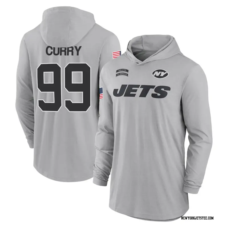 Men's New York Jets ＃99 Vinny Curry Gray 2024 Salute to Service Lightweight Performance Long Sleeve Hooded T-Shirt