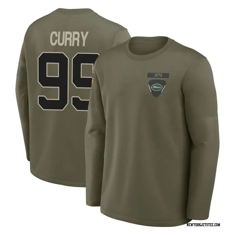 Men's New York Jets ＃99 Vinny Curry Olive 2025 Salute to Service Sideline Coaches Long Sleeve T-Shirt