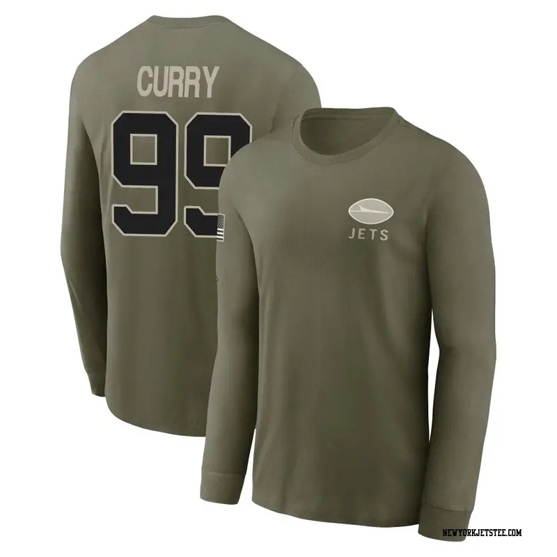 Men's New York Jets ＃99 Vinny Curry Olive 2025 Salute to Service Sideline Long Sleeve T-Shirt
