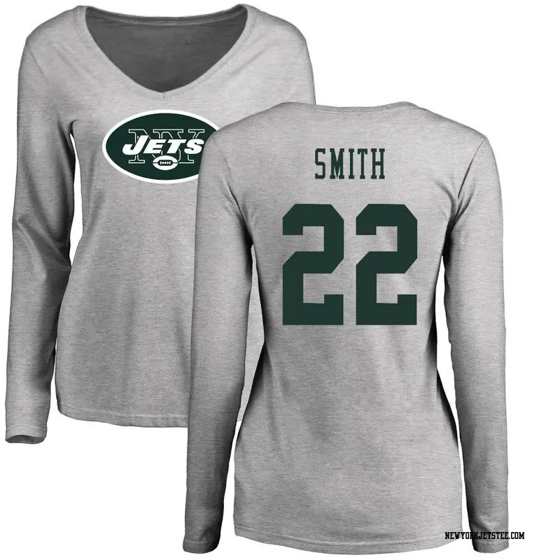 Women's New York Jets ＃22 Keidron Smith Ash Name & Number Logo Slim Fit Long Sleeve T-Shirt