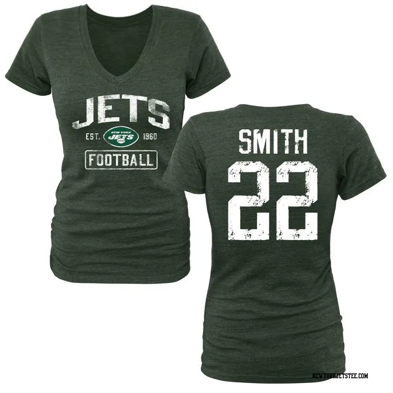 Women's New York Jets ＃22 Keidron Smith Green Distressed Name & Number V-Neck T-Shirt