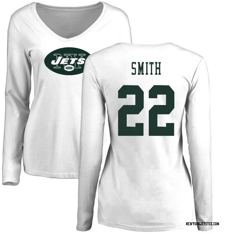 Women's New York Jets ＃22 Keidron Smith White Name & Number Logo Slim Fit Long Sleeve T-Shirt