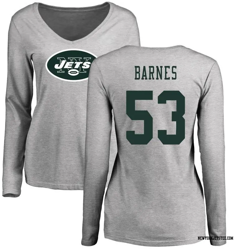 Women's New York Jets ＃53 Zaire Barnes Ash Name & Number Logo Slim Fit Long Sleeve T-Shirt