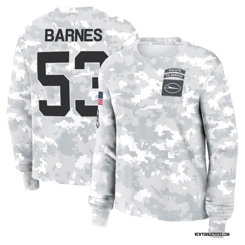 Women's New York Jets ＃53 Zaire Barnes Camo Arctic 2024 Salute to Service Long Sleeve T-Shirt