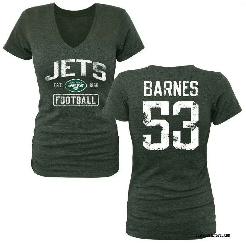 Women's New York Jets ＃53 Zaire Barnes Green Distressed Name & Number V-Neck T-Shirt