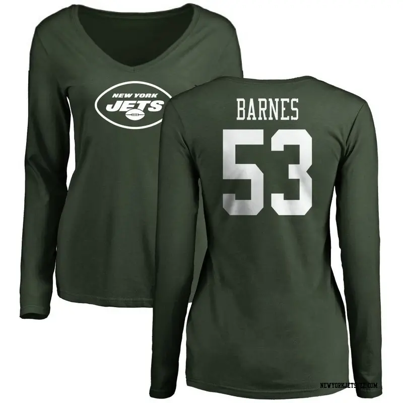 Women's New York Jets ＃53 Zaire Barnes Green Name & Number Logo Slim Fit Long Sleeve T-Shirt