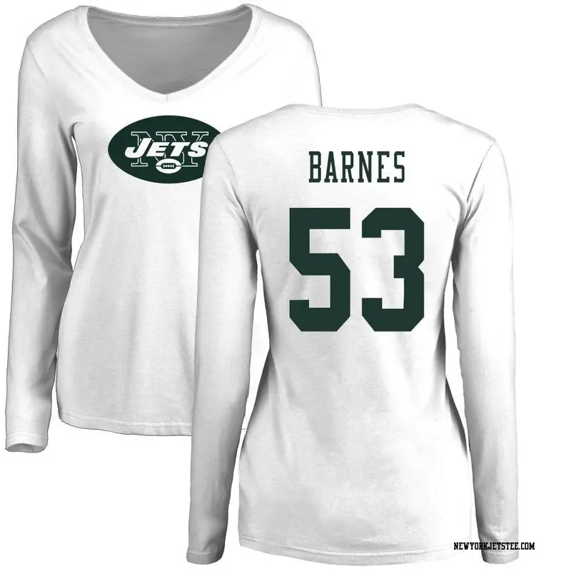 Women's New York Jets ＃53 Zaire Barnes White Name & Number Logo Slim Fit Long Sleeve T-Shirt