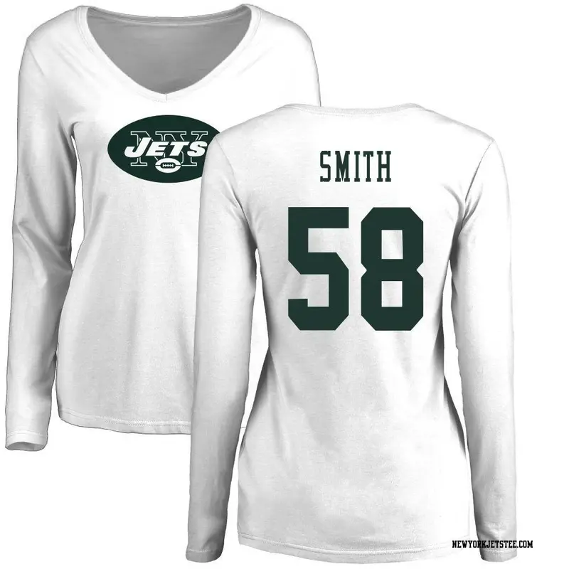 Women's New York Jets ＃58 Mazi Smith White Name & Number Logo Slim Fit Long Sleeve T-Shirt