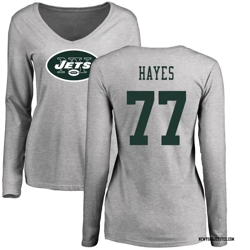 Women's New York Jets ＃77 Marquis Hayes Ash Name & Number Logo Slim Fit Long Sleeve T-Shirt