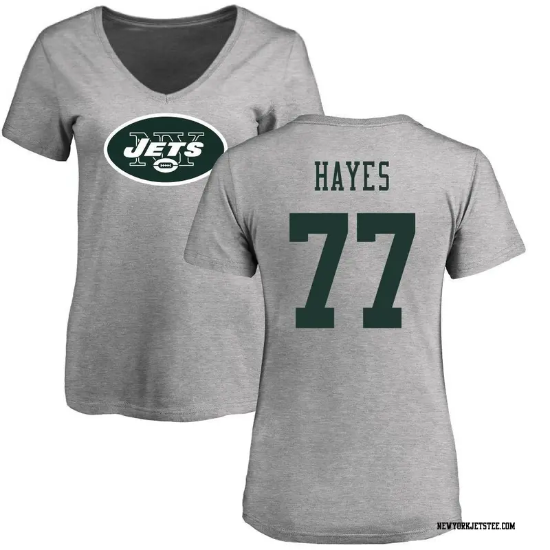 Women's New York Jets ＃77 Marquis Hayes Ash Name & Number Logo Slim Fit T-Shirt