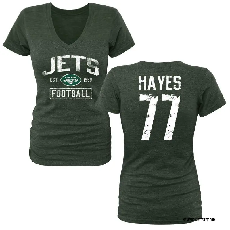 Women's New York Jets ＃77 Marquis Hayes Green Distressed Name & Number V-Neck T-Shirt