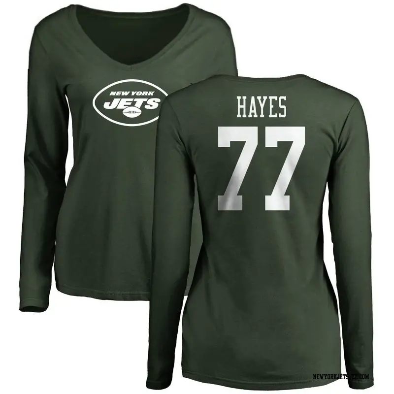 Women's New York Jets ＃77 Marquis Hayes Green Name & Number Logo Slim Fit Long Sleeve T-Shirt