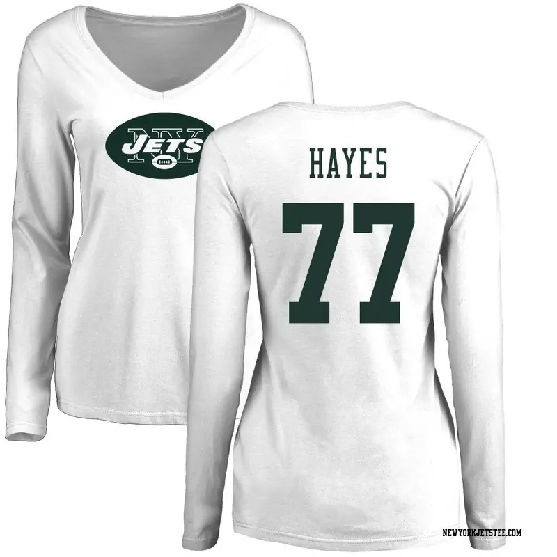 Women's New York Jets ＃77 Marquis Hayes White Name & Number Logo Slim Fit Long Sleeve T-Shirt
