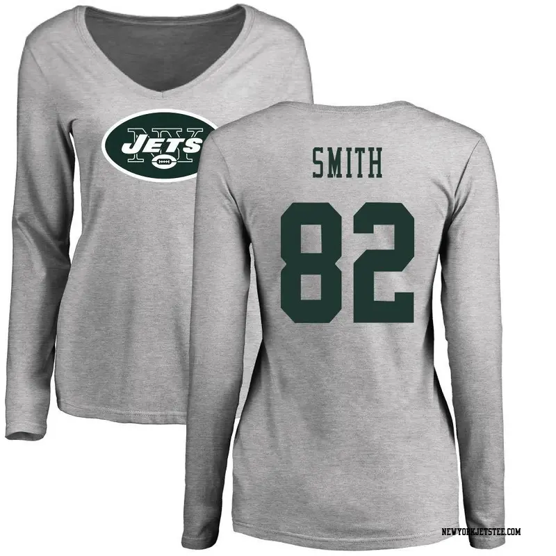 Women's New York Jets ＃82 Arian Smith Ash Name & Number Logo Slim Fit Long Sleeve T-Shirt