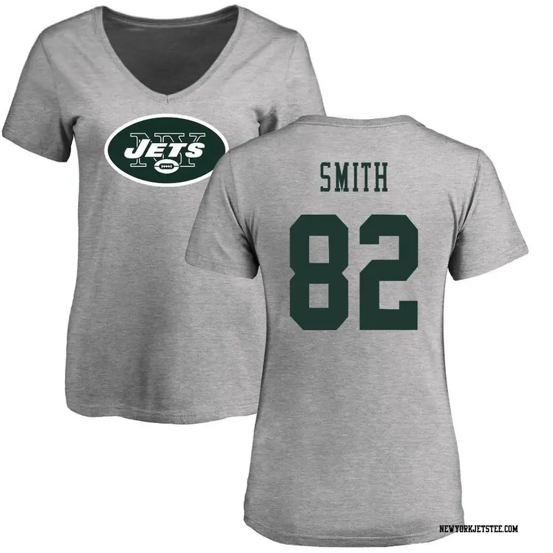Women's New York Jets ＃82 Arian Smith Ash Name & Number Logo Slim Fit T-Shirt