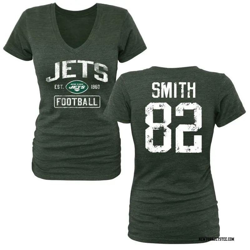 Women's New York Jets ＃82 Arian Smith Green Distressed Name & Number V-Neck T-Shirt