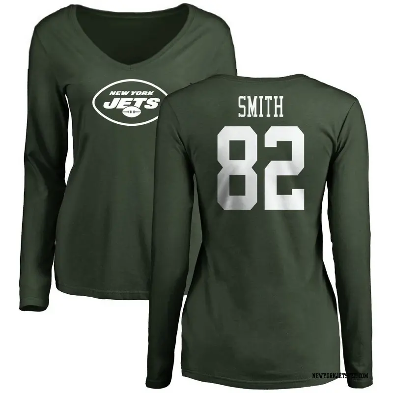 Women's New York Jets ＃82 Arian Smith Green Name & Number Logo Slim Fit Long Sleeve T-Shirt