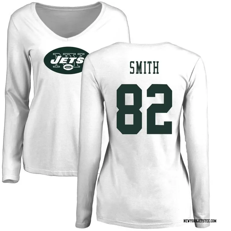Women's New York Jets ＃82 Arian Smith White Name & Number Logo Slim Fit Long Sleeve T-Shirt