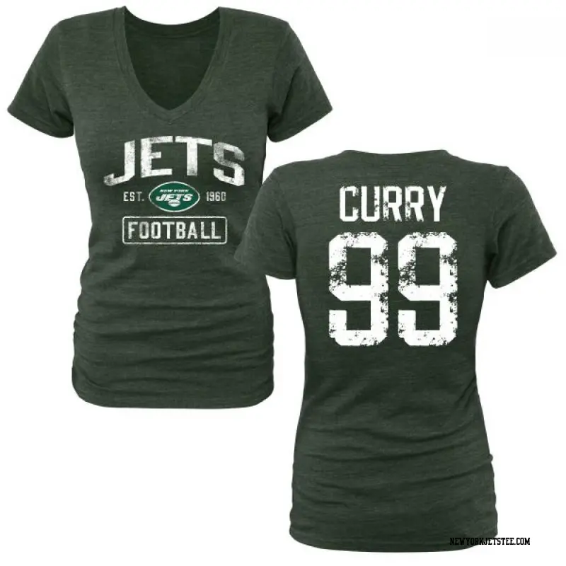 Women's New York Jets ＃99 Vinny Curry Green Distressed Name & Number V-Neck T-Shirt