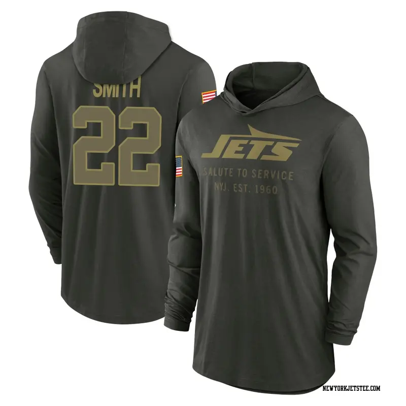 Youth New York Jets ＃22 Keidron Smith Forest/Green 2025 Salute to Service Sideline Lightweight Hooded Pullover Long Sleeve T-Shi