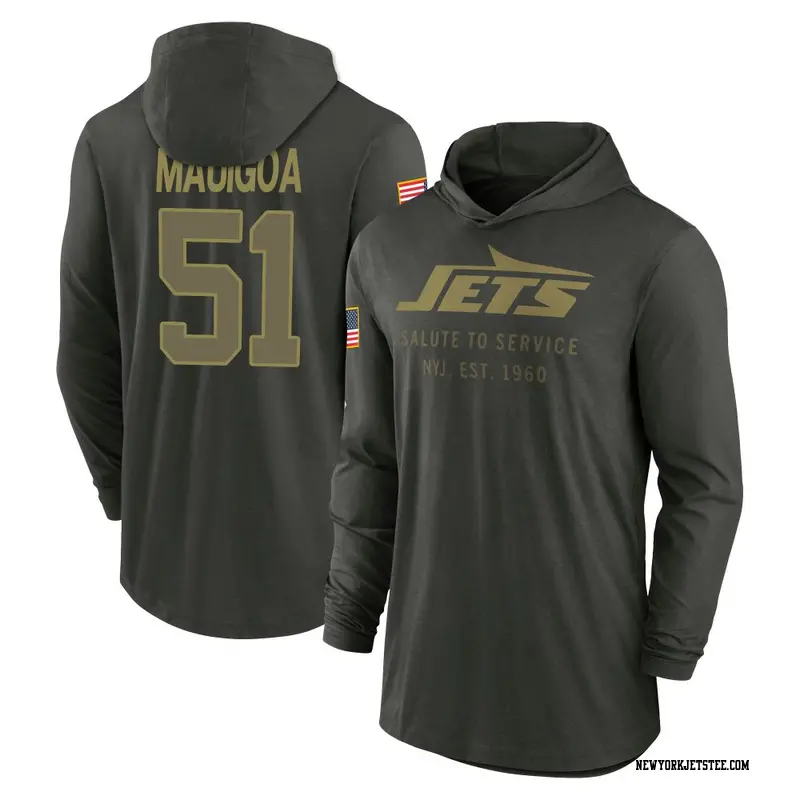 Youth New York Jets ＃51 Kiko Mauigoa Forest/Green 2025 Salute to Service Sideline Lightweight Hooded Pullover Long Sleeve T-Shir