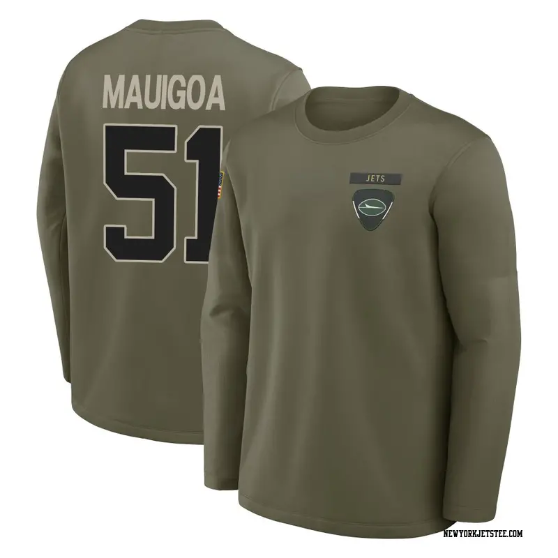 Youth New York Jets ＃51 Kiko Mauigoa Olive 2025 Salute to Service Sideline Coaches Long Sleeve T-Shirt